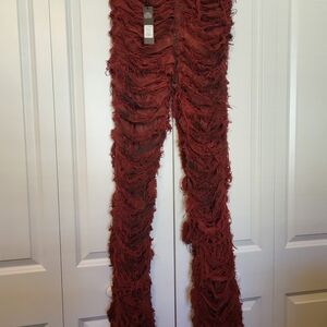 Fashion Nova Red Distressed Straight Leg Jeans